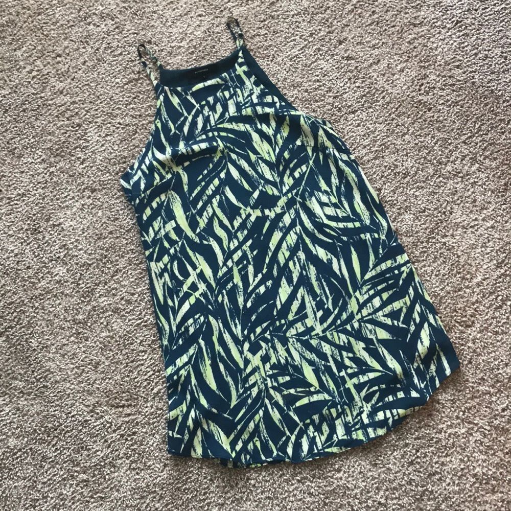 Olivaceous Navy and Lime Palm-Print Mini Dress